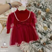 Váy babydoll màu đỏ cho bé gái chất nhung mềm phối voan đính nơ điệu đà BERNIE 1 đến 7 tuổi