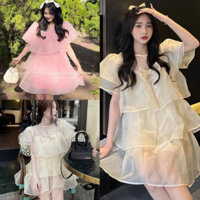 Váy babydoll nữ voan tơ, đính nơ xếp tầng công chúa màu hồng trắng dễ thương- đầm babydoll xòe 3 tầng tay bồng dự tiệc
