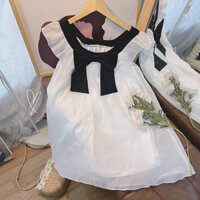 Váy babydoll trắng tiểu thư bèo nơ đen (hàng sẵn)