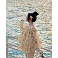 Váy babydoll trễ vai tay bồng hoa nhí bo chun hông dễ thương, Váy Tơ Trễ Vai Dáng Bồng Bềnh Bánh Bèo Tiểu Thư