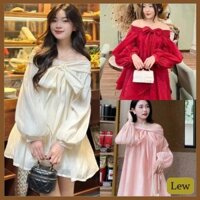 Váy babydoll trễ vai xòe thắt nơ to tơ bồng tay dài, Đầm váy kiểu áo dấu quần dễ thương, Áo váy tiểu thư trễ vai nơ to