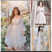 Váy babydoll, váy trắng trễ vai dáng dài hở lưng tay bồng đầm dựa tiệc,
