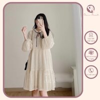 Váy babydoll voan hạt bông nơ cổ đầm xòe tay bồng đính hạt - Chann Closet