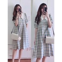 Váy bầu baby dáng chữ A kẻ caro phối cúc đính cực xinh,chất thô mềm