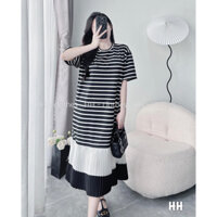 Váy bầu Cộc Tay Thun Dáng Xuông Chân Dập Ly Pha Màu Đen - Kẻ