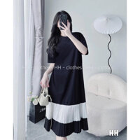 Váy Bầu Cộc Tay Thun Dáng Xuông Chân Dập Ly Pha Màu Đen - Kẻ