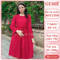 Váy Bầu Công Sở - Đầm Bầu GUME - Váy đỏ maxi nhún bèo cổ tay loe MYC1354