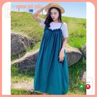 Váy bầu công sở - đầm yếm bầu xanh chất cotton phối cát hàn freesize tới 70kg BN31