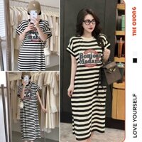 VÁY BẦU CÔNG SỞ ĐI CHƠI C8872 DÁNG SUÔNG DÀI FORM RỘNG CỔ TRÒN KẺ NGANG CHẤT THUN CAO CẤP MỀM MÁT