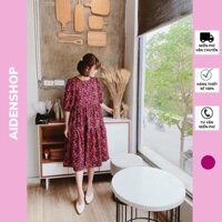 Váy bầu công sở mùa hè cộc tay dáng suông hoa nhí màu tím 2021