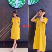 Váy Bầu Công Sở Tay Ngắn Đầm Bầu Chất Thô Đũi Màu Vàng Cổ V freesize 40–75Kg —HD26