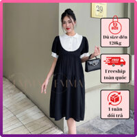 Váy bầu công sở xinh bigsize màu đen Đầm bầu babydoll đủ size đến 120kg cổ bèo trắng tay cộc thiết kế by Miss Rita