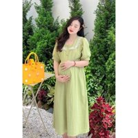 Váy bầu đầm bầu cổ vuông màu xanh xinh xắn tôn da