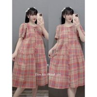 Váy bầu, đầm bầu cộc tay công sở sang chảnh kẻ cam - Váy bầu babydoll, dáng dài suông, đầm bầu thiết kế