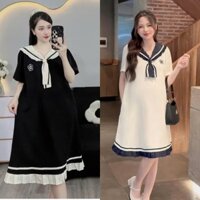 Váy bầu, đầm bầu cộc tay dáng xuông vạt nơ thuỷ thủ chất thun tổ ong 2 màu đen và be sang chảnh, bầu mặc đi làm đi chơi,