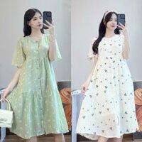 Váy bầu Đầm bầu công sở 2 lớp tay cộc, hoạ tiết hoa xinh, nút ngực, V039