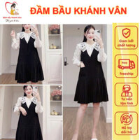 Váy bầu, đầm bầu dài tay cổ sơ mi ren sang chảnh - Đầm bầu thiết kế thu đông chân váy xếp ly mẹ bầu thai sản thoải mái