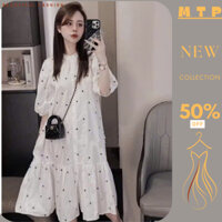 Váy bầu , đầm bầu dáng babydoll họa tiết xinh xắn, thiết kế hottrend cổ tàu cúc mở thoáng mát