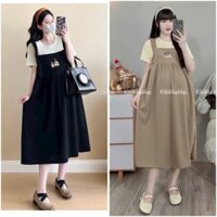 Váy bầu đầm bầu giả yếm cộc tay thêu hình xinh xắn, váy bầu dáng dài cho mẹ đi chơi đi làm siêu xinh TO70