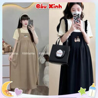 Váy bầu đầm bầu giả yếm cộc tay thêu hình xinh xắn