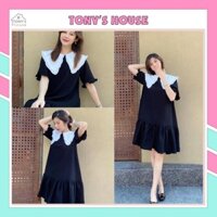 Váy bầu Đầm bầu màu đen phối cổ trắng dáng xòe đuôi cá thiết kế nữ tính kiểu dáng trẻ trung size <80kg bigsize