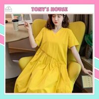 Váy bầu Đầm bầu màu vàng  dáng xòe rộng thiết kế nữ tính kiểu dáng thời trang trẻ trung size <80kg bigsize