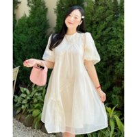 (Váy bầu) Đầm bầu trắng viền ren vạt chéo chất voan tơ - V001