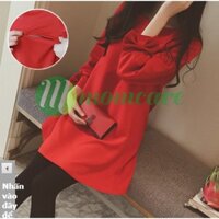 Váy bầu, đầm cho con bú, áo dáng dài đỏ tay nơ (ẢNH THẬT)