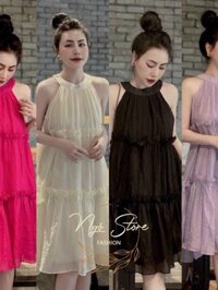 váy bầu đầm cổ yếm babydoll bèo tầng 5 màu siêu dễ thương cho các nàng đi du lịch.đi biển,