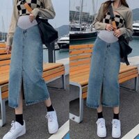 Váy bầu dáng suông chữ A chất jean mềm đẹp thiết kế sẻ trước sang chảnh   CV09