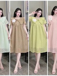 Váy bầu dáng suông dài tay ngắn cổ bèo đính bông hoa tiểu thư, đầm bầu vải ren tơ mềm mát V31