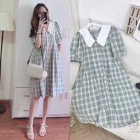 Váy bầu Dáng Suông kẻ xanh cổ sơ mi cách điệu cho bầu và sau sinh