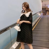 Váy bầu đen chấm bi cổ cánh sen - thiết kế độc quyền - chất vải đũi Thái Cao cấp mềm mại feezsai 40-75Kg -HD17