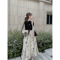 Váy bầu đẹp LILISA, đầm bầu dáng babydoll thiết kế set 2 dây họa tiết hoa, kèm áo khoác len tăm hàng 2 lớp mềm mại