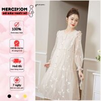 Váy bầu đẹp MERCIMOM, đầm bầu dáng babydoll tay dài họa tiết thuê hoa, lụa hàn cao cấp sang chảnh