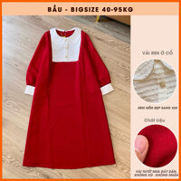 Váy bầu đỏ tết noel tiệc OanhLTK Đầm bầu Bigsize dài tay mix ren trắng đính đá thiết kế sang xinh