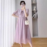 Váy bầu đũi, Đầm bầu Cổ V Màu Tím Pastel