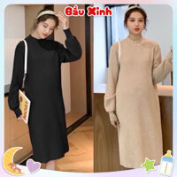 Váy bầu len tay phồng dáng suông giữ ấm cho các mẹ bầu 01