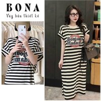 Váy bầu mặc nhà free size chất cotton thun lạnh thoáng mát dáng suông dài xẻ tà in chữ BONJOUR H872