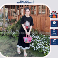Váy bầu maxi dáng dài , đầm bầu xinh mùa hè họa tiết cô bé dễ thương phối ren bèo cách điệu tay gấp hot hit