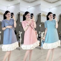 Váy Bầu MOMMY,đầm bầu thiết kế đáng đuôi cá cổ tròn tay bồng nơ xinh xắn điệu đà , chất liệu cao cấp, mặc hè thoải mái