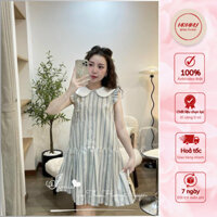 Váy bầu mùa hè, đầm bầu MOMMY  dáng babydoll thiết kế kẻ sọc đuôi cá sát nách viền bèo, chất kẻ thô mềm mát