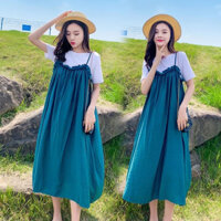 Váy Bầu Mùa Hè, váy bầu dáng suông phối cổ tròn trắng liền yếm xanh xinh xắn, chất mát