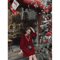 Váy bầu nhung lì sang chảnh mặc Tết, Noel siêu đẹp B054