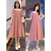 Váy Bầu thiết kế kẻ caro đỏ cổ sen trắng có dây thắt lưng xinh xắn,đủ size từ 40-75kg cho các chị em