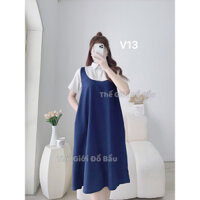 Váy bầu thiết kế xanh than phối trắng mã v13 đủ size 40-120kg công sở cho bầu nhẹ mát không nhăn