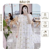 VÁY BẦU THỜI TRANG PHỐI HOA CỰC XINH CHẤT THÔ LỤA ĐẸP - ĐẦM BẦU MAXI DÁNG SUÔNG FREESIZE