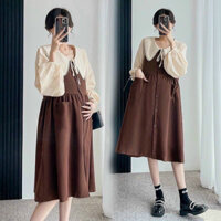 Váy bầu thu đông cổ bèo babydoll chất liệu nhung tăm