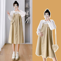 Váy bầu thu đông dáng suông chất thô dai đẹp kiểu yếm cổ sen sanh chảnh V402