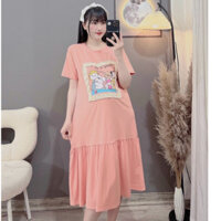 Váy Bầu - Thun Cộc Tay Dáng Xuông Hình Viền Trắng - 5 Màu ( MIỄN SHIP )